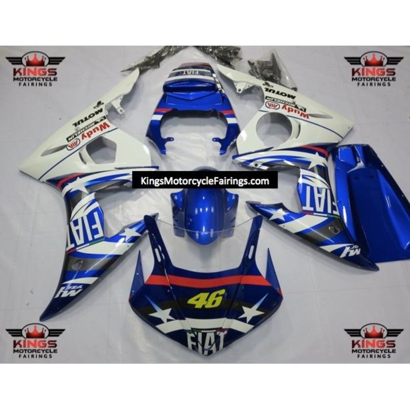 Yamaha YZF-R6 (2005) Blue, White & Red Fiat Star Fairings Clear Windscreen: Free No Seat Cowl No Bolt Kit
