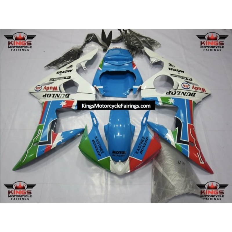 Yamaha YZF-R6 (2005) Blue, White, Red & Green Dunlop Fairings Clear Windscreen: Free No Seat Cowl No Bolt Kit