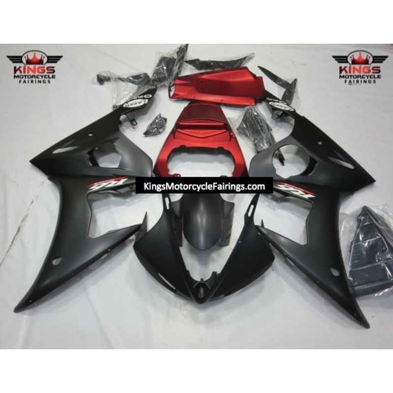 Yamaha YZF-R6 (2005) Matte Black & Matte Red Fairings Clear Windscreen: Free No Seat Cowl No Bolt Kit