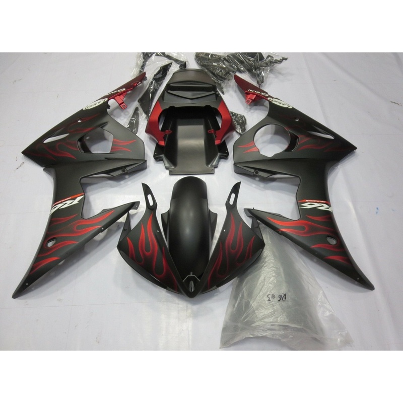 Yamaha YZF-R6 (2005) Matte Black, Matte Red Flame Fairings Clear Windscreen: Free No Seat Cowl No Bolt Kit
