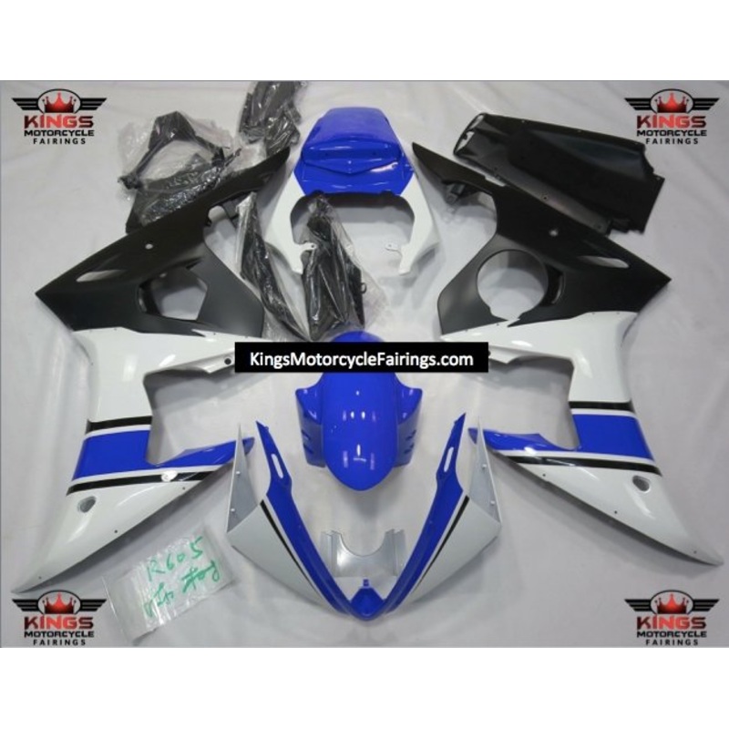 Yamaha YZF-R6 (2005) White, Blue & Matte Black Fairings Clear Windscreen: Free No Seat Cowl No Bolt Kit