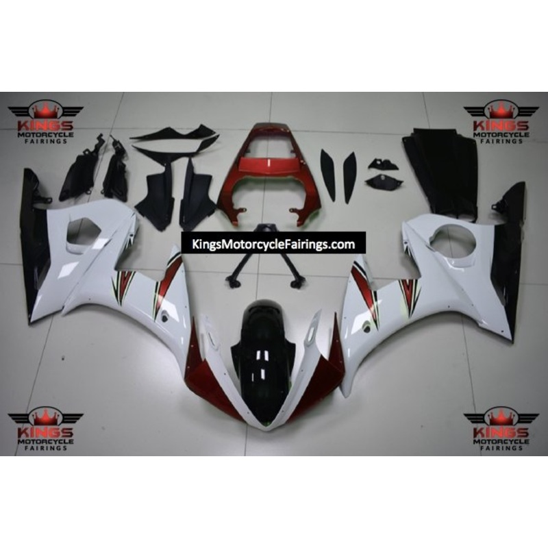 Yamaha YZF-R6 (2005) White, Candy Red & Black Fairings Clear Windscreen: Free No Seat Cowl No Bolt Kit