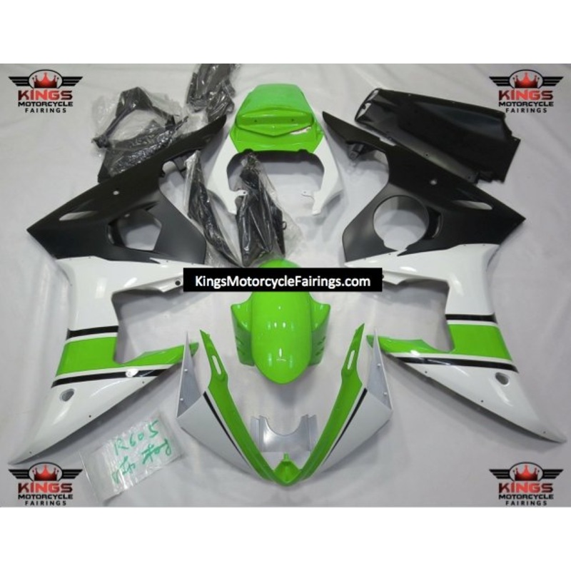 Yamaha YZF-R6 (2005) White, Green & Matte Black Fairings Clear Windscreen: Free No Seat Cowl No Bolt Kit