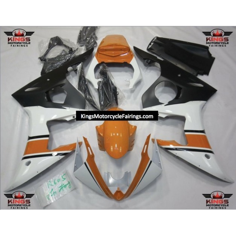 Yamaha YZF-R6 (2005) White, Orange & Matte Black Fairings Clear Windscreen: Free No Seat Cowl No Bolt Kit