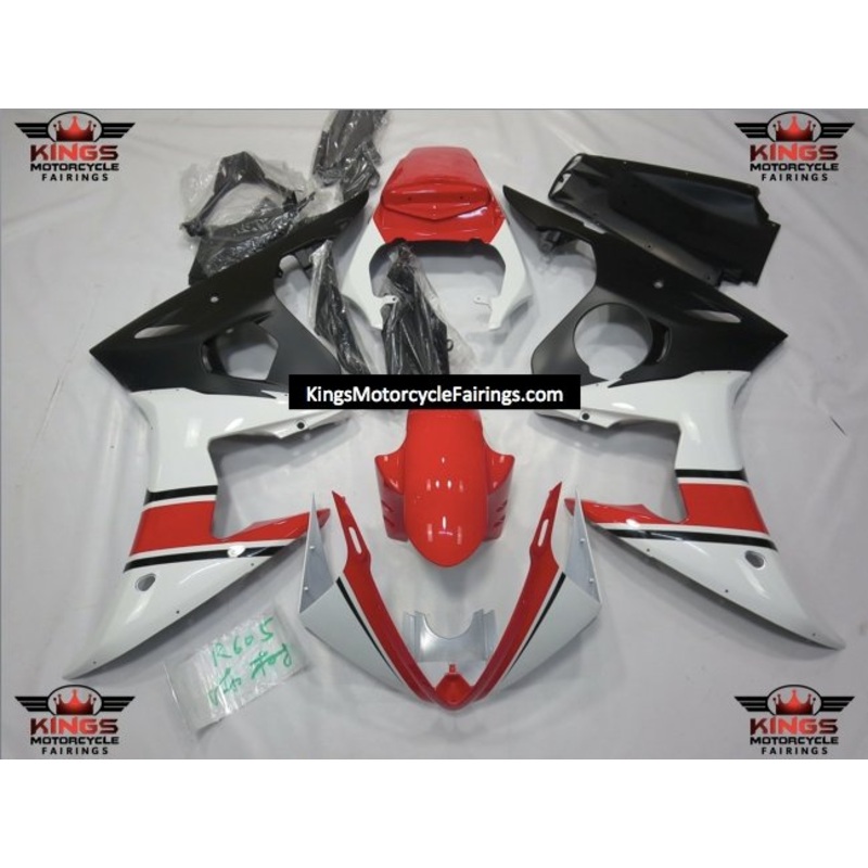 Yamaha YZF-R6 (2005) White, Red & Matte Black Fairings Clear Windscreen: Free No Seat Cowl No Bolt Kit