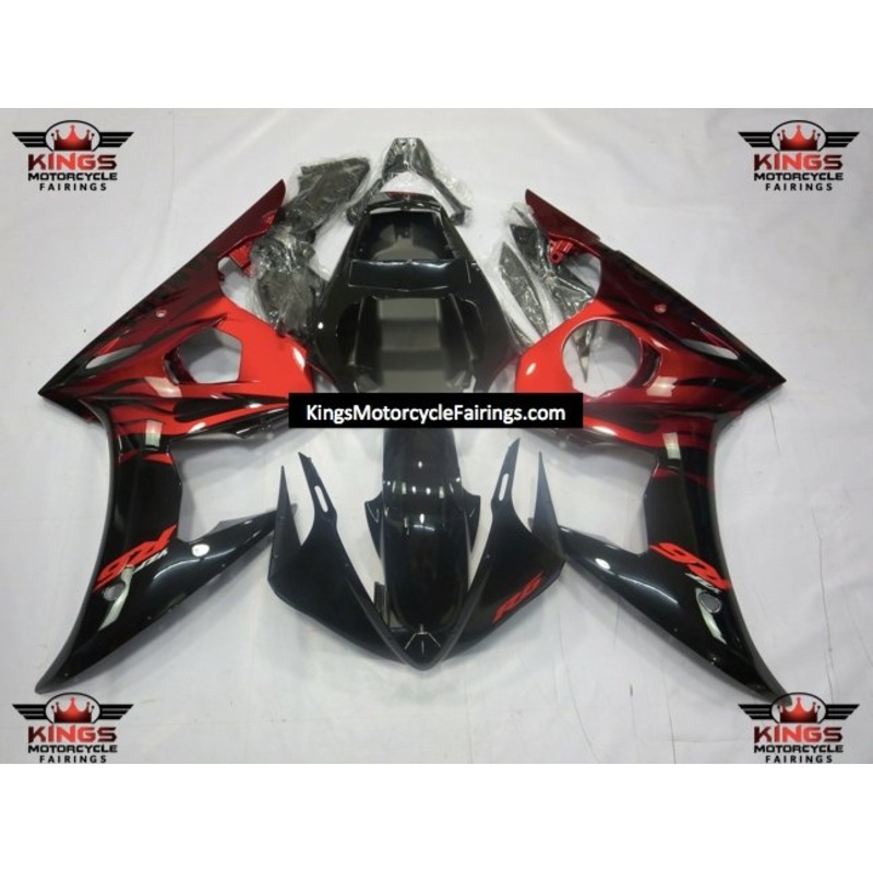 Yamaha YZF-R6 (2005) Black & Red Flame Fairings Clear Windscreen: Free No Seat Cowl No Bolt Kit