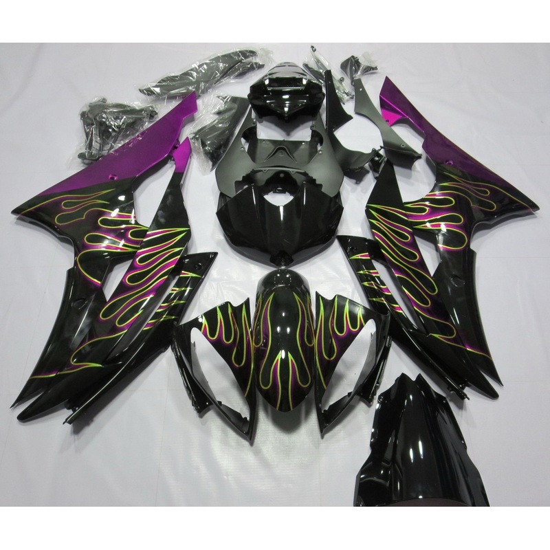 Yamaha YZF-R6 (2008-2016) Black, Green & Purple Flame Fairings No Seat Cowl No Bolt Kit No Tank