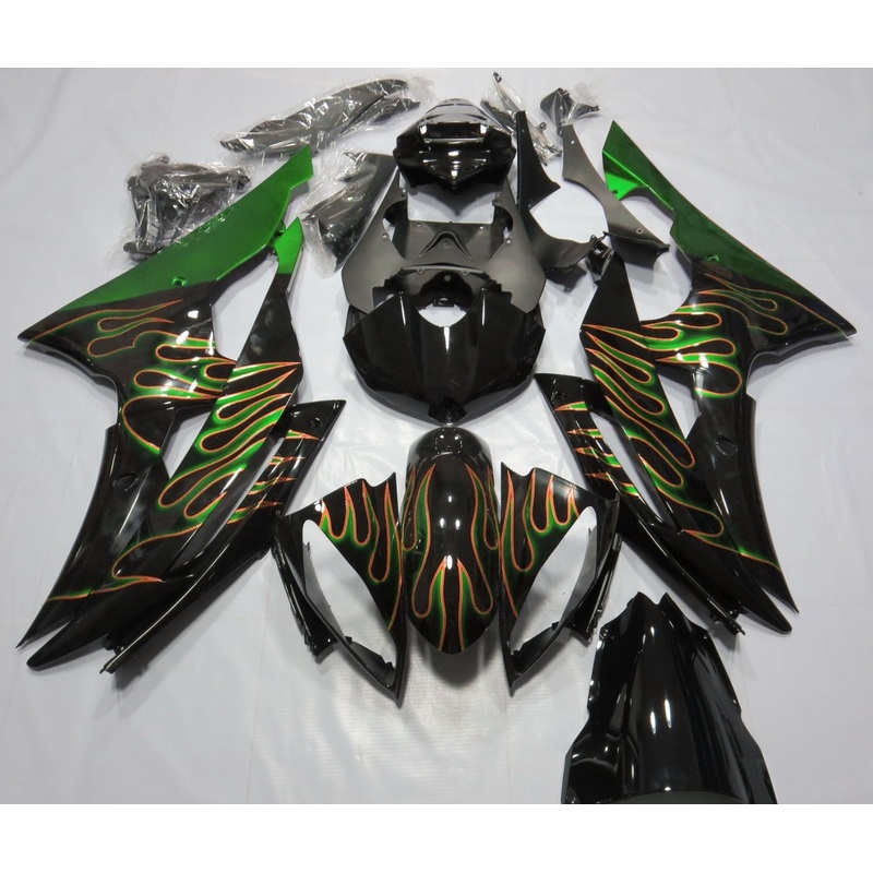 Yamaha YZF-R6 (2008-2016) Black, Orange & Green Flame Fairings No Seat Cowl No Bolt Kit No Tank