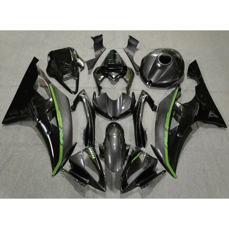 Yamaha YZF-R6 (2008-2016) Faux Carbon Fiber, Black & Green Fairings No Seat Cowl No Bolt Kit No Tank