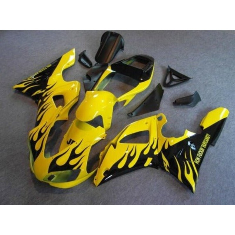 Yamaha YZF-R1 (1998-1999) Yellow & Black Flame Fairings Clear Windscreen: Free No Seat Cowl No Bolt Kit