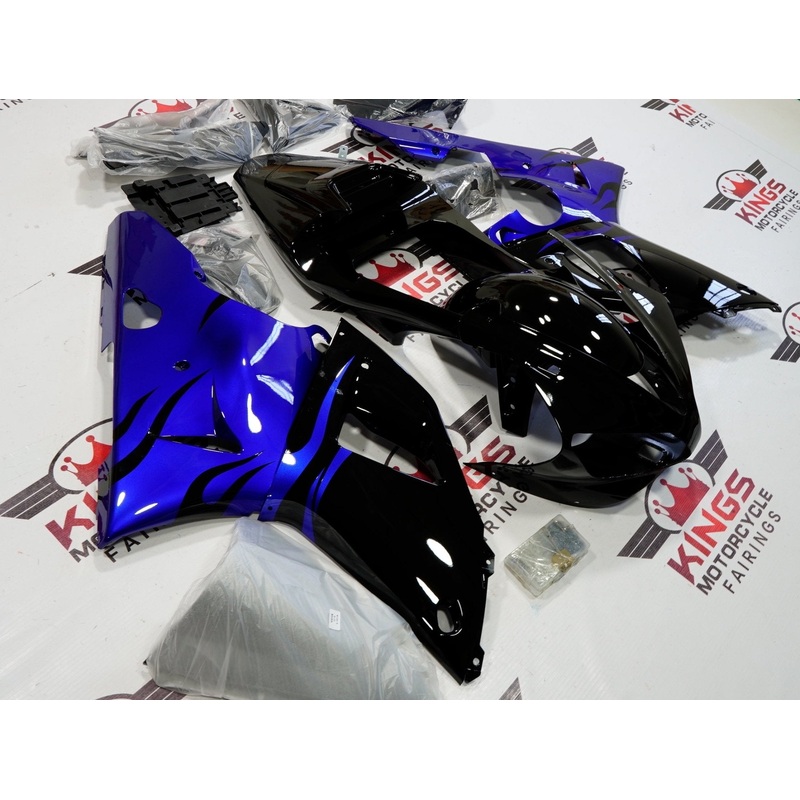 Yamaha YZF-R1 (2000-2001) Black & Blue Flame Fairings Clear Windscreen: Free No Seat Cowl No Bolt Kit