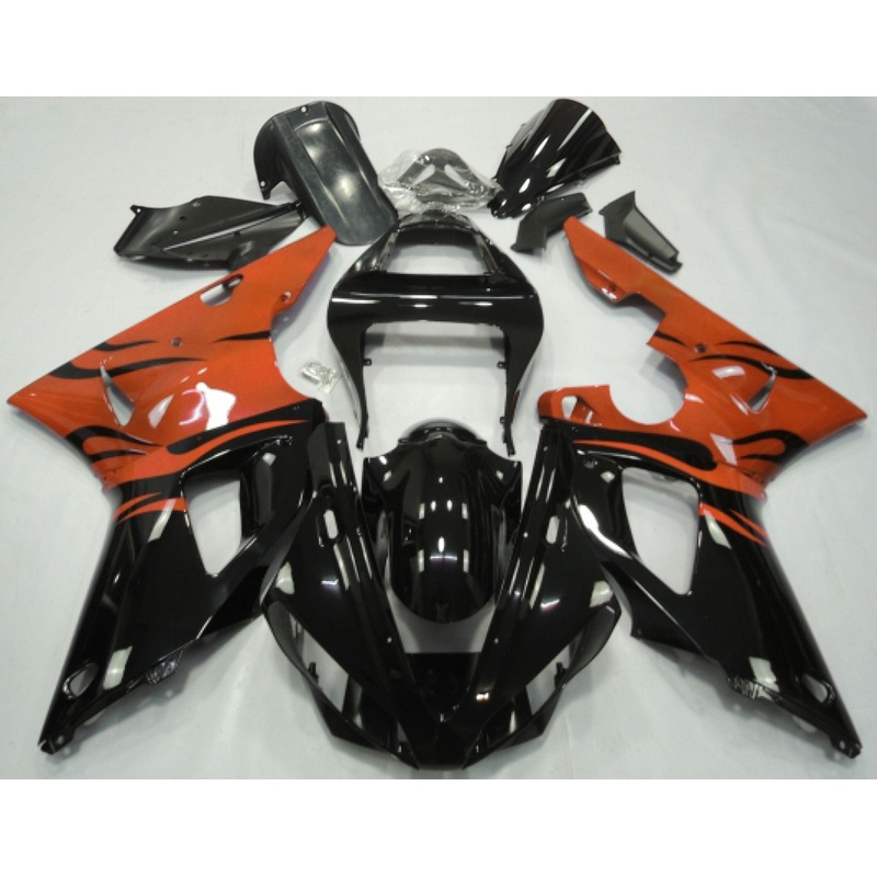 Yamaha YZF-R1 (2000-2001) Black & Orange Flame Fairings Clear Windscreen: Free No Seat Cowl No Bolt Kit