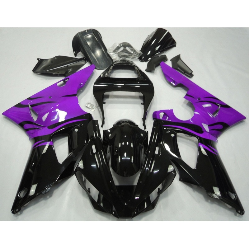 Yamaha YZF-R1 (2000-2001) Black & Purple Flame Fairings Clear Windscreen: Free No Seat Cowl No Bolt Kit