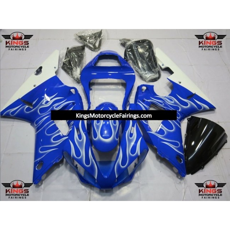 Yamaha YZF-R1 (2000-2001) Blue & White Flame Fairings Clear Windscreen: Free No Seat Cowl No Bolt Kit