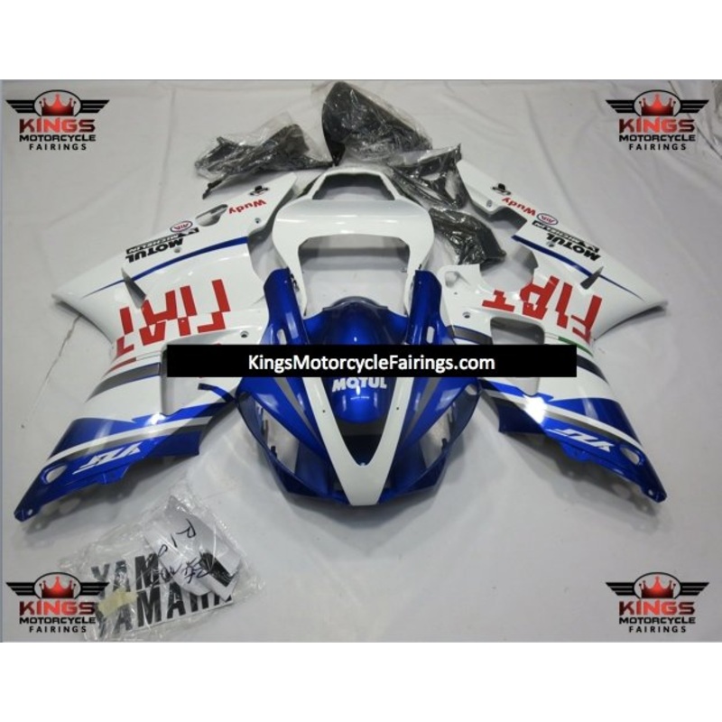 Yamaha YZF-R1 (2000-2001) Blue, White & Red Fiat Fairings Clear Windscreen: Free No Seat Cowl No Bolt Kit