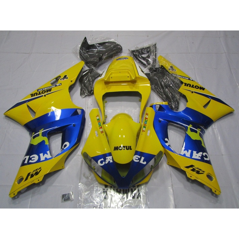 Yamaha YZF-R1 (2000-2001) Yellow & Blue Camel Fairings Clear Windscreen: Free No Seat Cowl No Bolt Kit