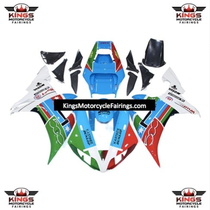 Yamaha YZF-R1 (2002-2003) Blue, Red, Green & White Fairings Clear Windscreen: Free No Seat Cowl No Bolt Kit