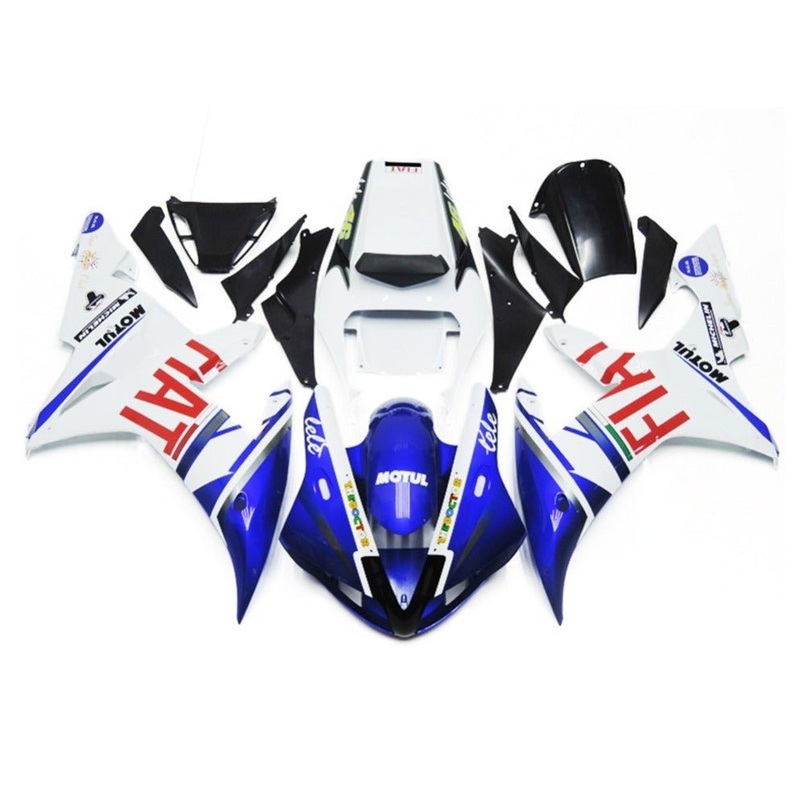 Yamaha YZF-R1 (2002-2003) White, Blue & Red FIAT Fairings Clear Windscreen: Free No Seat Cowl No Bolt Kit