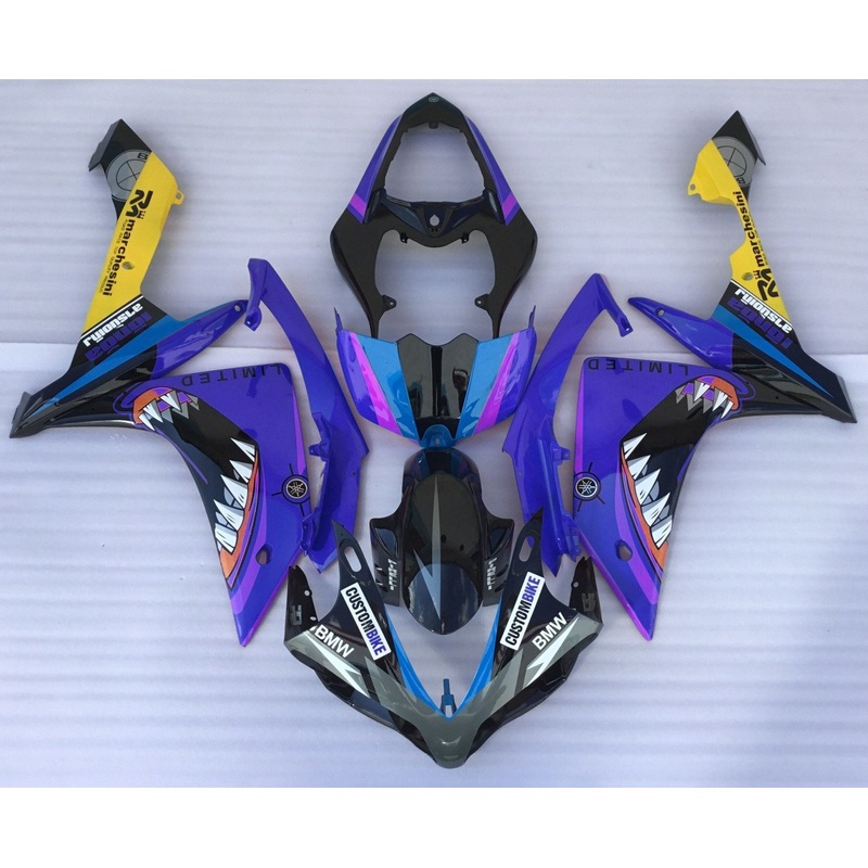 Yamaha YZF-R1 (2007-2008) Black & Purple Shark Teeth Fairings No Seat Cowl No Bolt Kit No Tank