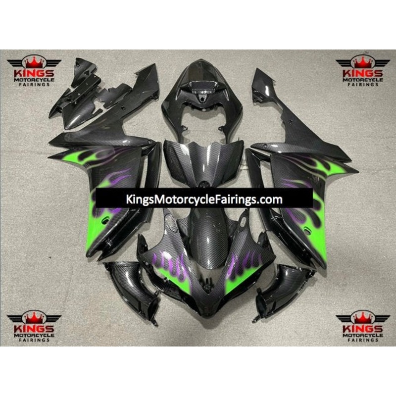 Yamaha YZF-R1 (2007-2008) Faux Carbon Fiber, Green & Purple Flame Fairings No Seat Cowl No Bolt Kit No Tank