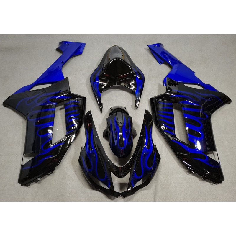 Fairing kit for a Kawasaki Ninja ZX6R 636 (2007-2008) Black & Blue Flames Clear Windscreen: Free No Seat Cowl No Bolt Kit