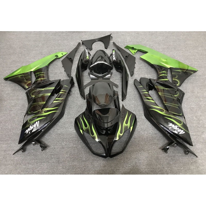 Fairing kit for a Kawasaki Ninja ZX6R 636 (2007-2008) Black & Light Green Flames Clear Windscreen: Free No Seat Cowl No Bolt Kit