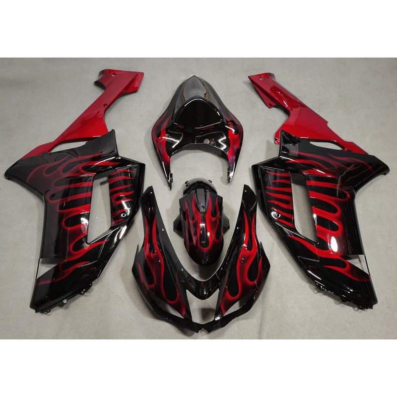 Fairing kit for a Kawasaki Ninja ZX6R 636 (2007-2008) Black & Red Flames Clear Windscreen: Free No Seat Cowl No Bolt Kit