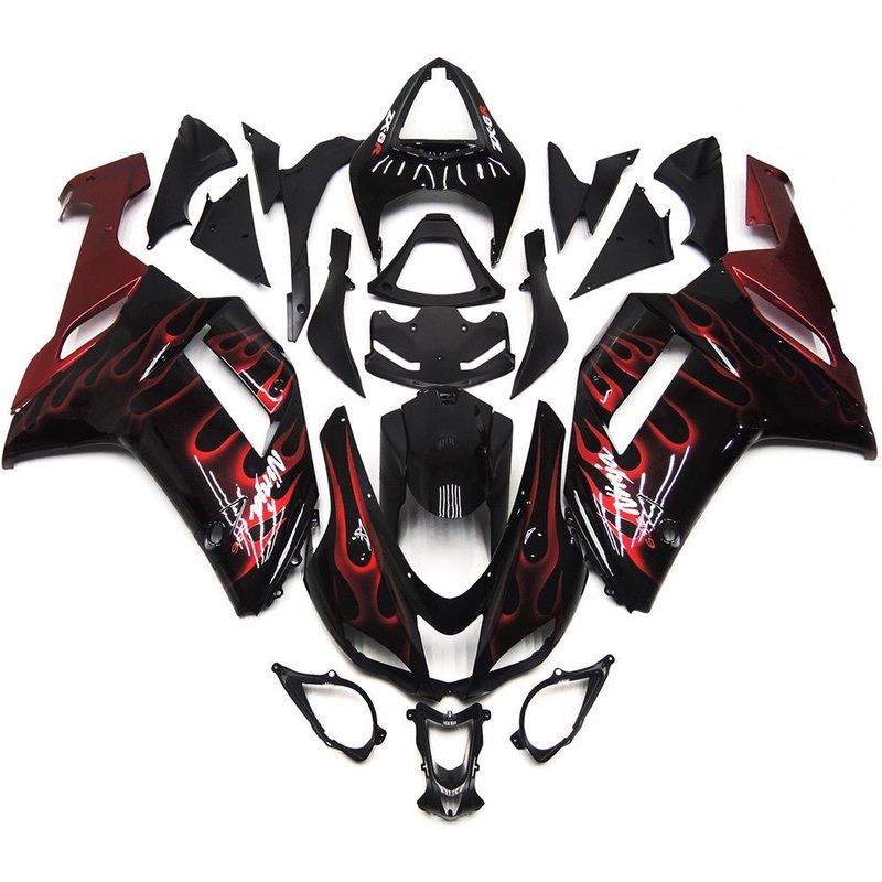 Fairing kit for a Kawasaki Ninja ZX6R 636 (2007-2008) Black, White & Red Flames Clear Windscreen: Free No Seat Cowl No Bolt Kit