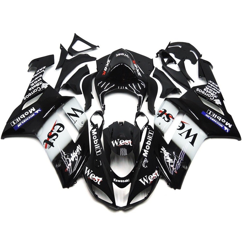 Fairing kit for a Kawasaki Ninja ZX6R 636 (2007-2008) Black & White West Mobil Clear Windscreen: Free No Seat Cowl No Bolt Kit