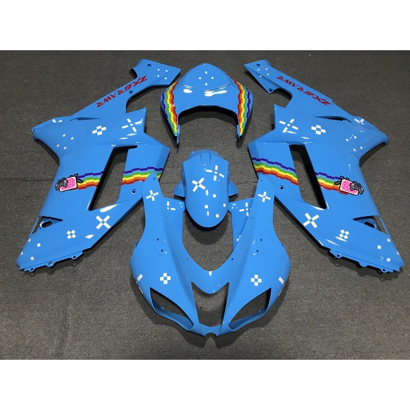 Fairing kit for a Kawasaki Ninja ZX6R 636 (2007-2008) Light Blue & Rainbow Clear Windscreen: Free No Seat Cowl No Bolt Kit
