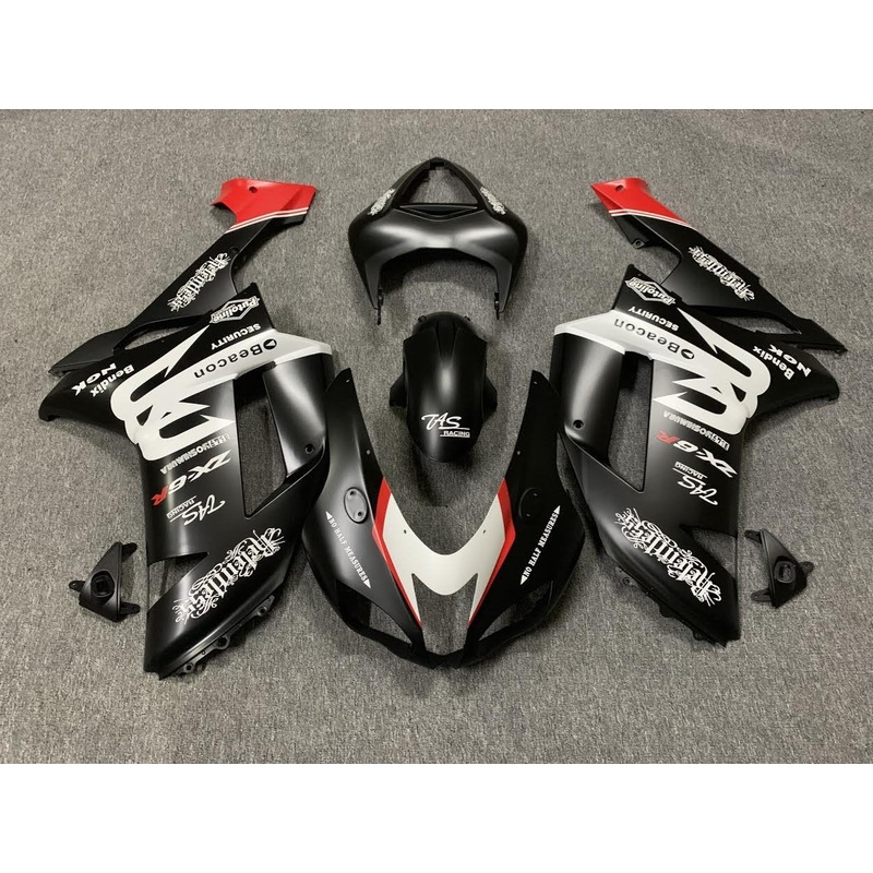 Fairing kit for a Kawasaki Ninja ZX6R 636 (2007-2008) Matte Black, White & Red Beacon Clear Windscreen: Free No Seat Cowl No Bolt Kit