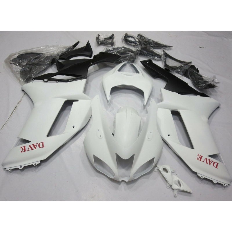 Fairing kit for a Kawasaki Ninja ZX6R 636 (2007-2008) Matte White & Red Name Lettering Clear Windscreen: Free No Seat Cowl No Bolt Kit