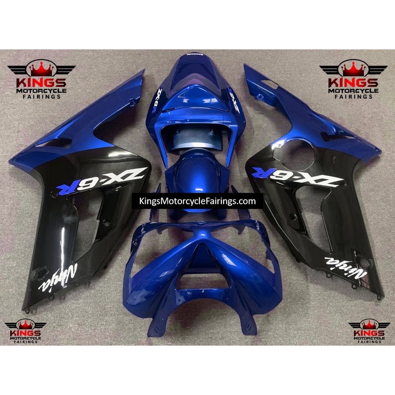 Fairing kit for a Kawasaki ZX6R 636 (2003-2004) Blue, Black & White Clear Windscreen: Free No Seat Cowl No Bolt Kit