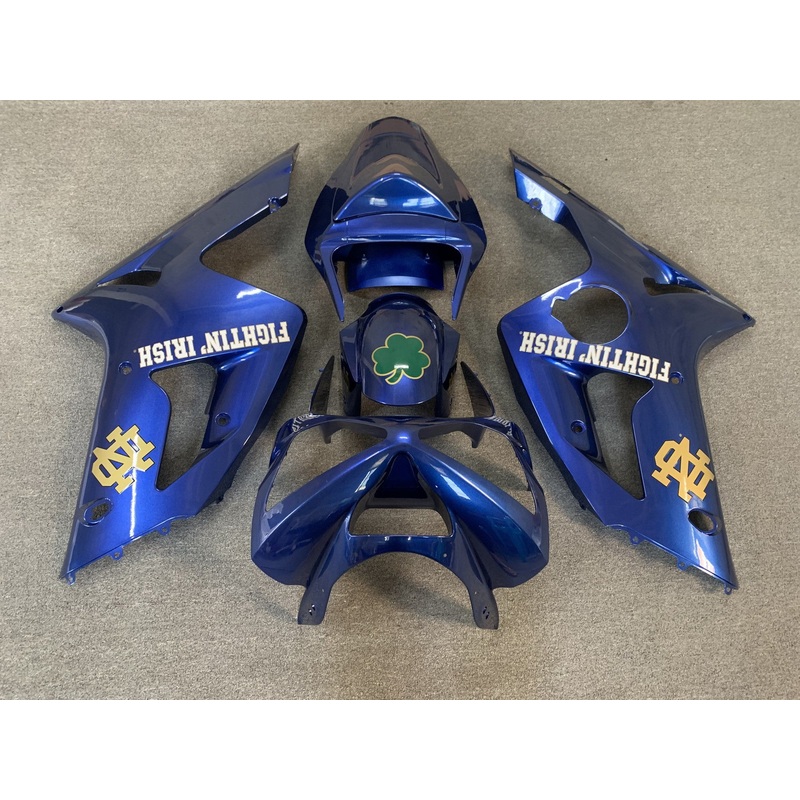 Fairing kit for a Kawasaki ZX6R 636 (2003-2004) Blue Fighting Irish Clear Windscreen: Free No Seat Cowl No Bolt Kit