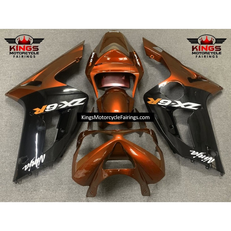 Fairing kit for a Kawasaki ZX6R 636 (2003-2004) Candy Orange, Black & White Clear Windscreen: Free No Seat Cowl No Bolt Kit