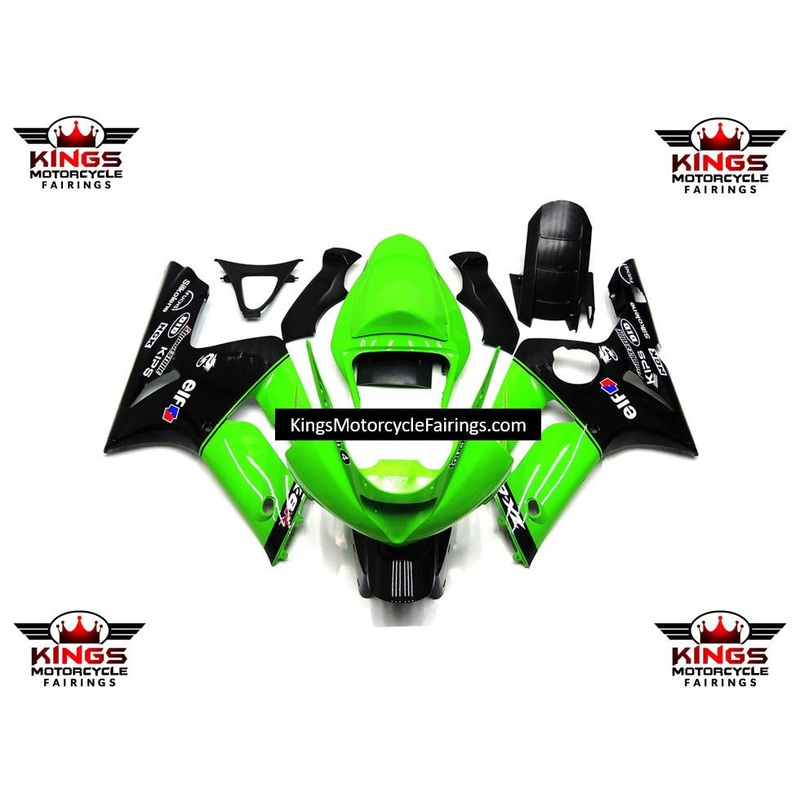 Fairing kit for a Kawasaki ZX6R 636 (2003-2004) Green & Black Elf Clear Windscreen: Free No Seat Cowl No Bolt Kit