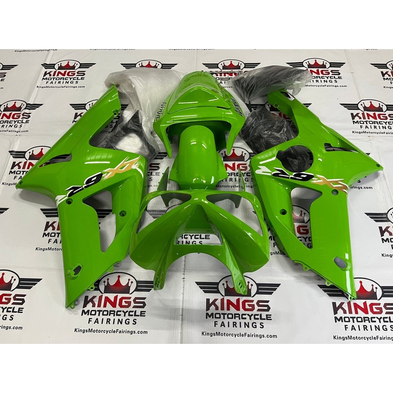 Fairing kit for a Kawasaki ZX6R 636 (2003-2004) Green, Black & Gold Clear Windscreen: Free No Seat Cowl No Bolt Kit