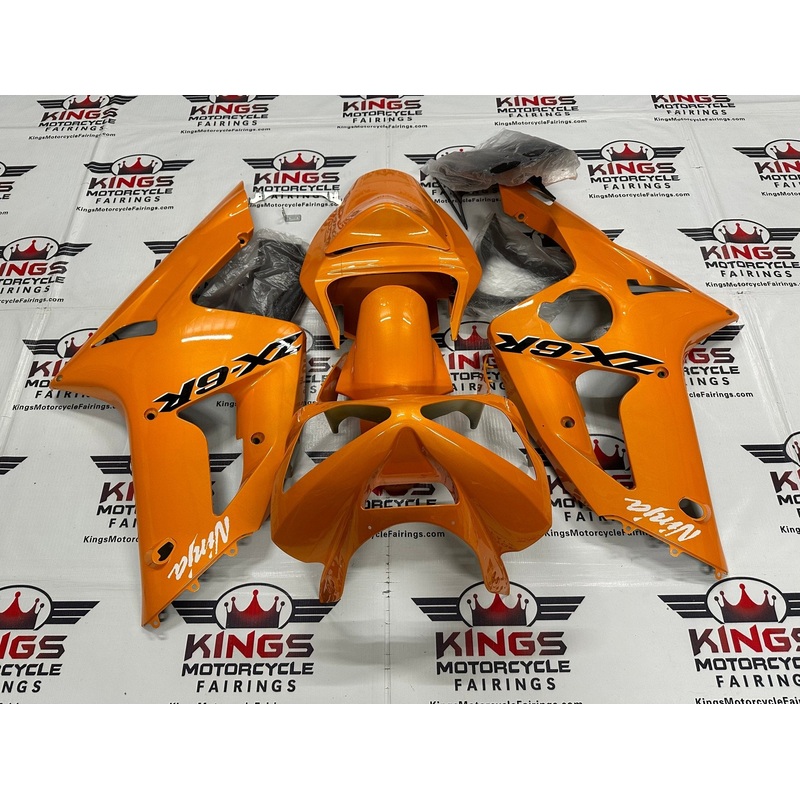 Fairing kit for a Kawasaki ZX6R 636 (2003-2004) Orange, Black & White Clear Windscreen: Free No Seat Cowl No Bolt Kit