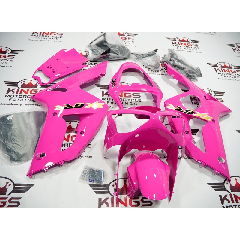 Fairing kit for a Kawasaki ZX6R 636 (2003-2004) Pink, Gold & Black Clear Windscreen: Free No Seat Cowl No Bolt Kit