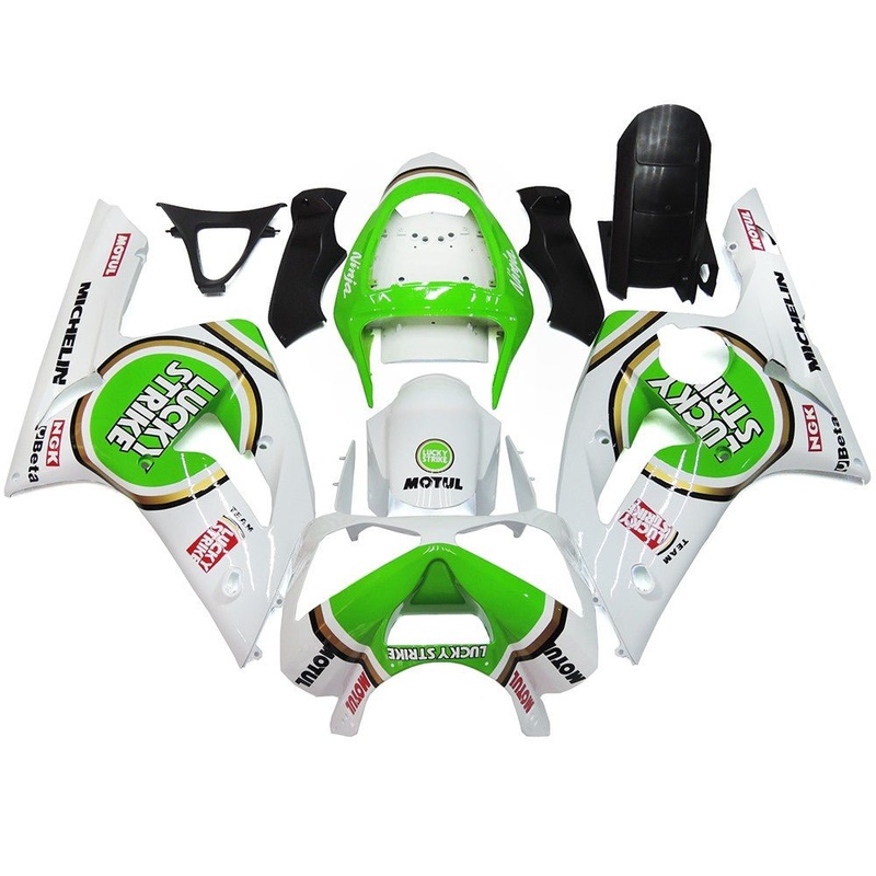 Fairing kit for a Kawasaki ZX6R 636 (2003-2004) White, Green Lucky Strike Clear Windscreen: Free No Seat Cowl No Bolt Kit