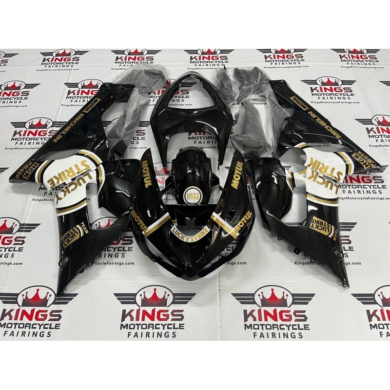 Fairing kit for a Kawasaki ZX6R 636 (2005-2006) Black, Gold, White Lucky Strike Clear Windscreen: Free No Seat Cowl No Bolt Kit