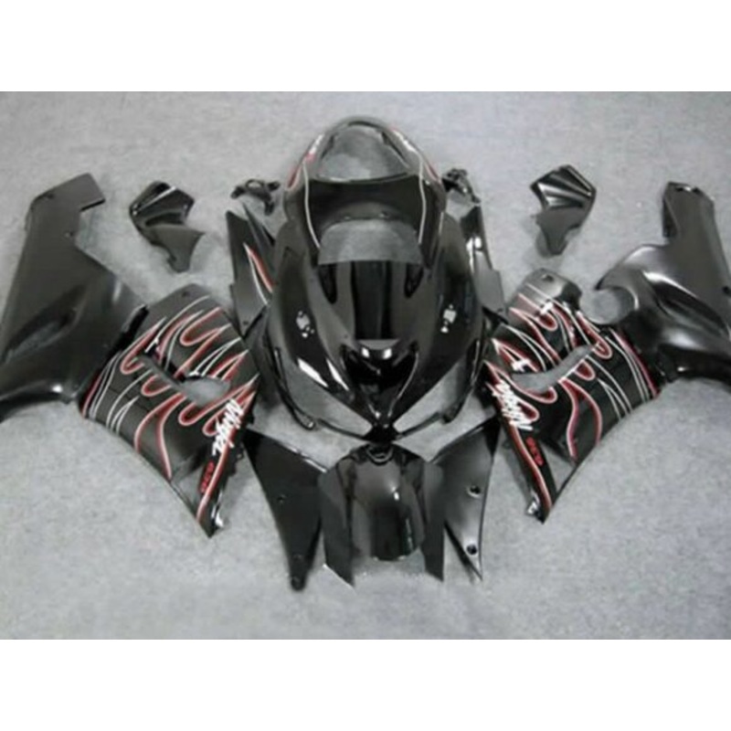 Fairing Kit for a Kawasaki ZX6R 636 (2005-2006) Black, Red & White Flames Clear Windscreen: Free No Seat Cowl No Bolt Kit