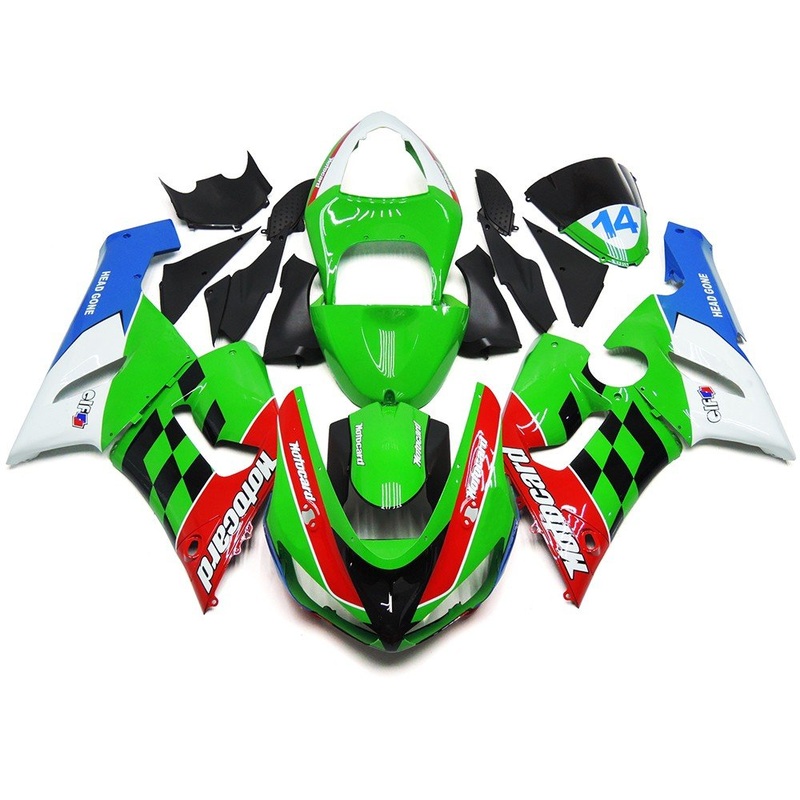 Fairing kit for a Kawasaki ZX6R 636 (2005-2006) Green, Red, Black, White & Blue Motocard Clear Windscreen: Free No Seat Cowl No Bolt Kit