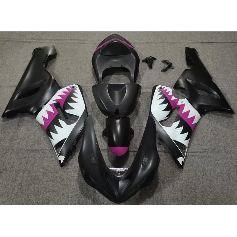 Fairing kit for a Kawasaki ZX6R 636 (2005-2006) Matte Black, White & Pink Shark Clear Windscreen: Free No Seat Cowl No Bolt Kit