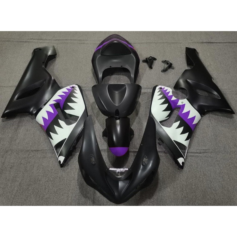 Fairing kit for a Kawasaki ZX6R 636 (2005-2006) Matte Black, White & Purple Shark Clear Windscreen: Free No Seat Cowl No Bolt Kit