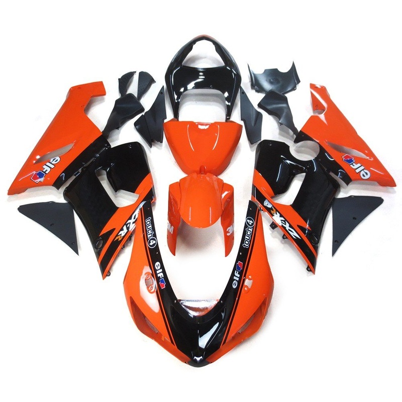 Fairing kit for a Kawasaki ZX6R 636 (2005-2006) Orange & Black Elf Clear Windscreen: Free No Seat Cowl No Bolt Kit
