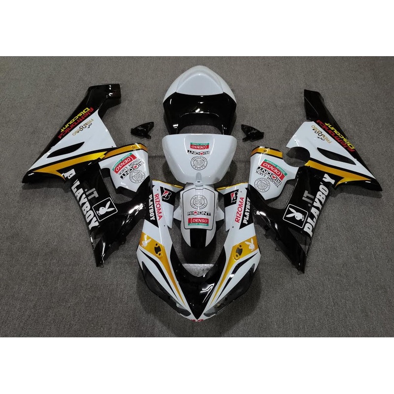 Fairing kit for a Kawasaki ZX6R 636 (2005-2006) White, Black, Gold Playboy Clear Windscreen: Free No Seat Cowl No Bolt Kit