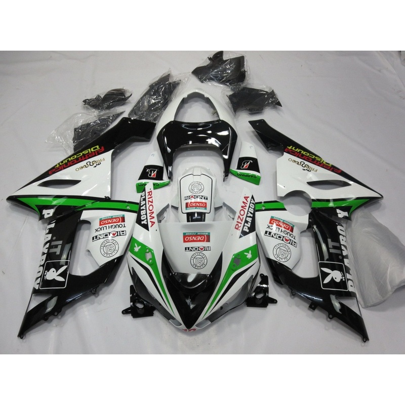 Fairing Kit for a Kawasaki ZX6R 636 (2005-2006) White, Black & Green Playboy Clear Windscreen: Free No Seat Cowl No Bolt Kit