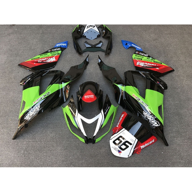 Fairing kit for a Kawasaki ZX6R 636 (2013-2018) Black, Green, Red & White 66 Clear Windscreen: Free No Seat Cowl No Bolt Kit