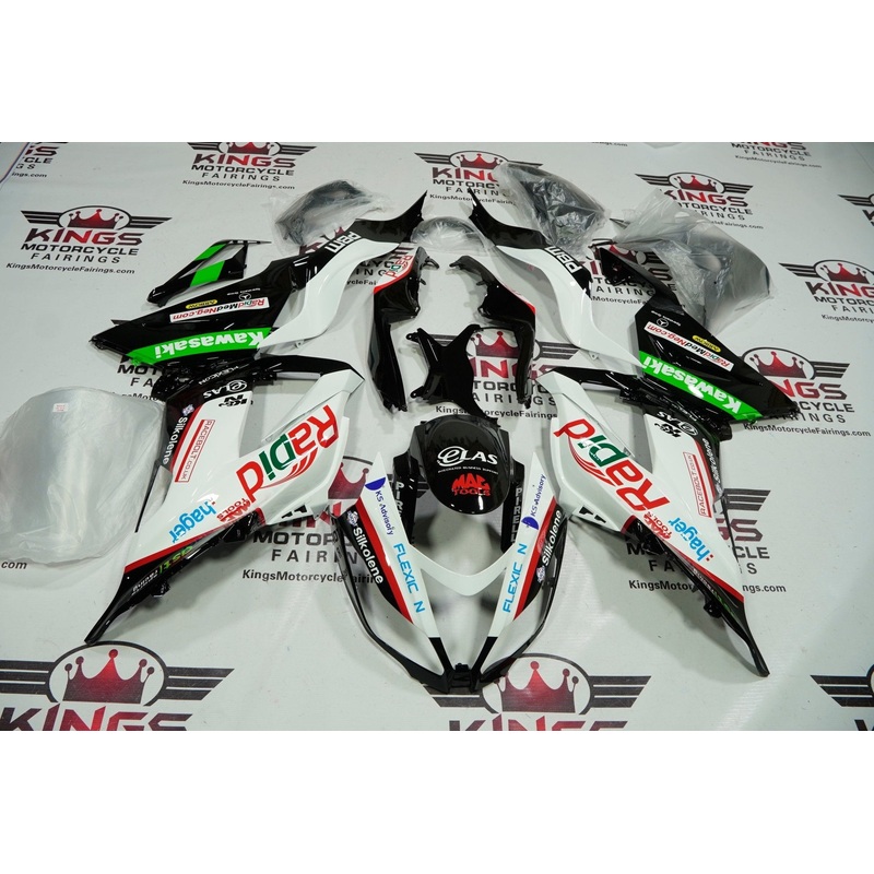 Fairing kit for a Kawasaki ZX6R 636 (2013-2018) Black, White & Red Rapid Clear Windscreen: Free No Seat Cowl No Bolt Kit